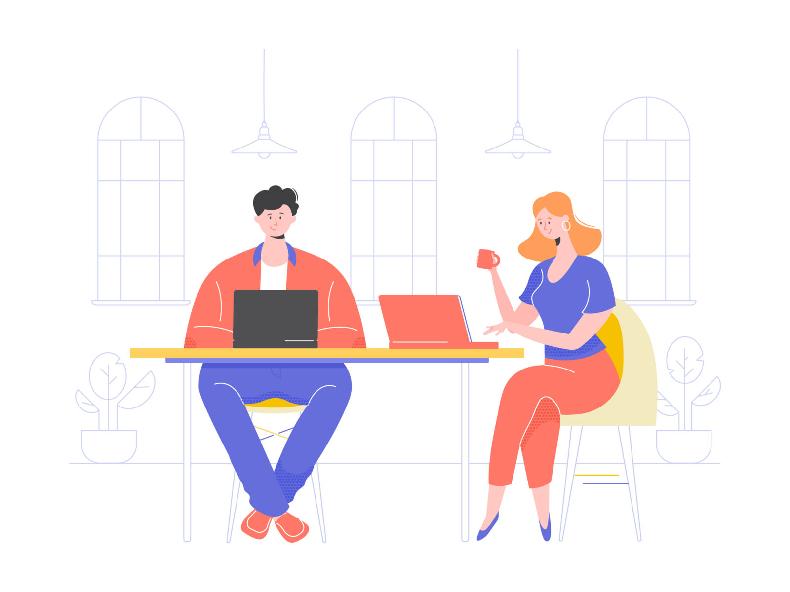 Vector illustration of a guy and girl working on laptops at a table