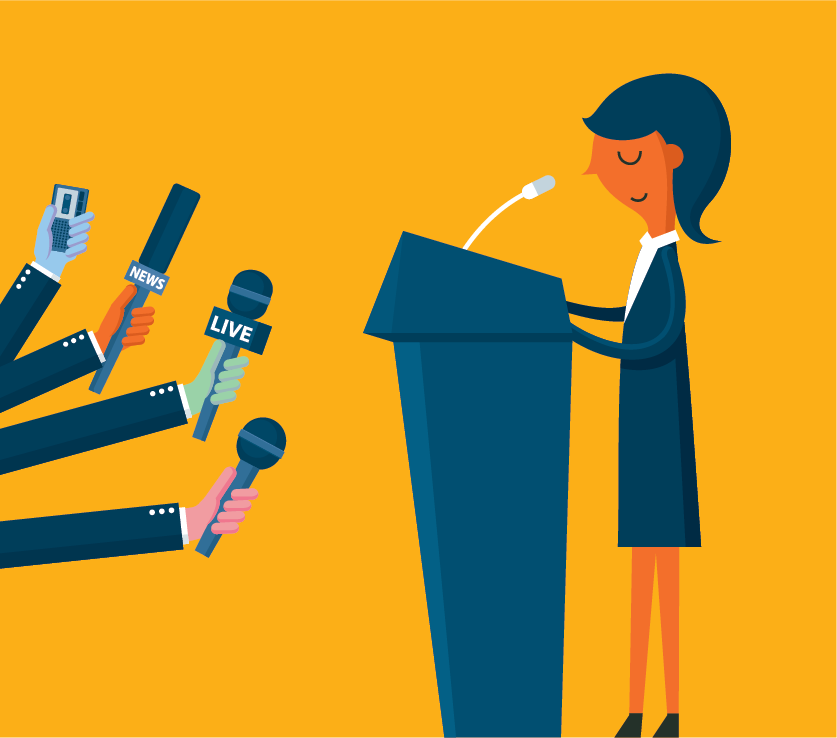 Vector illustration of woman standing at podium answering questions
