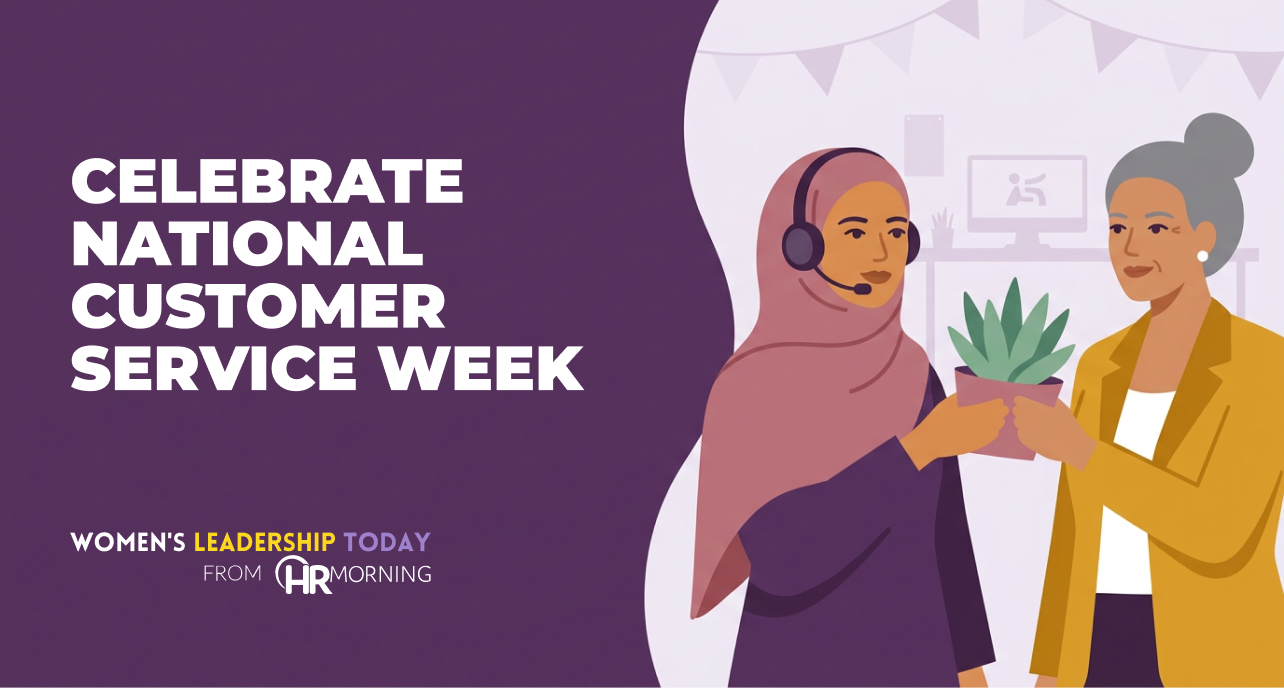 Headset-wearing service rep and her manager toast with a potted plant under bunting — celebrating Customer Service Week.