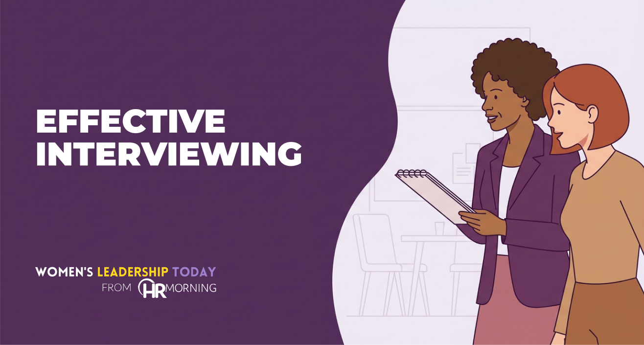 Illustration of a hiring manager with notepad interviewing a job candidate in a meeting room — effective interview questions.