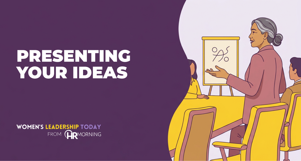 Illustrated woman leader presenting at a boardroom easel to seated colleagues — executive presence and presentation skills.