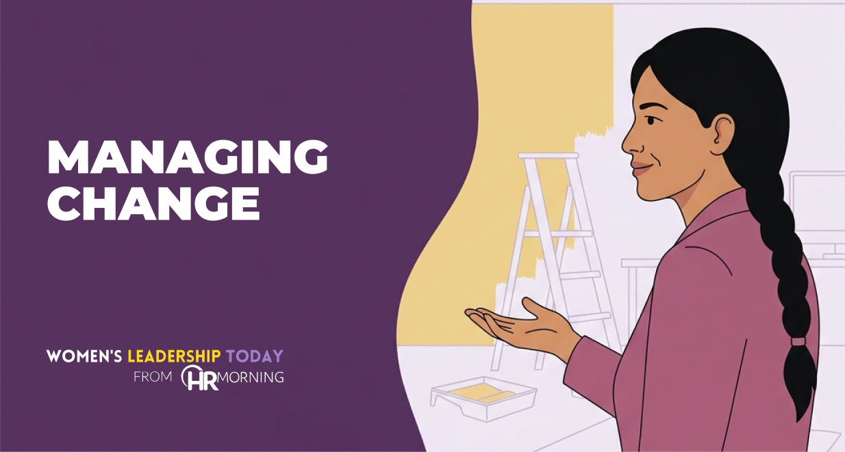 Illustration of a woman leader calmly gesturing in an office mid-reorganization with a half-painted wall and ladder, managing change