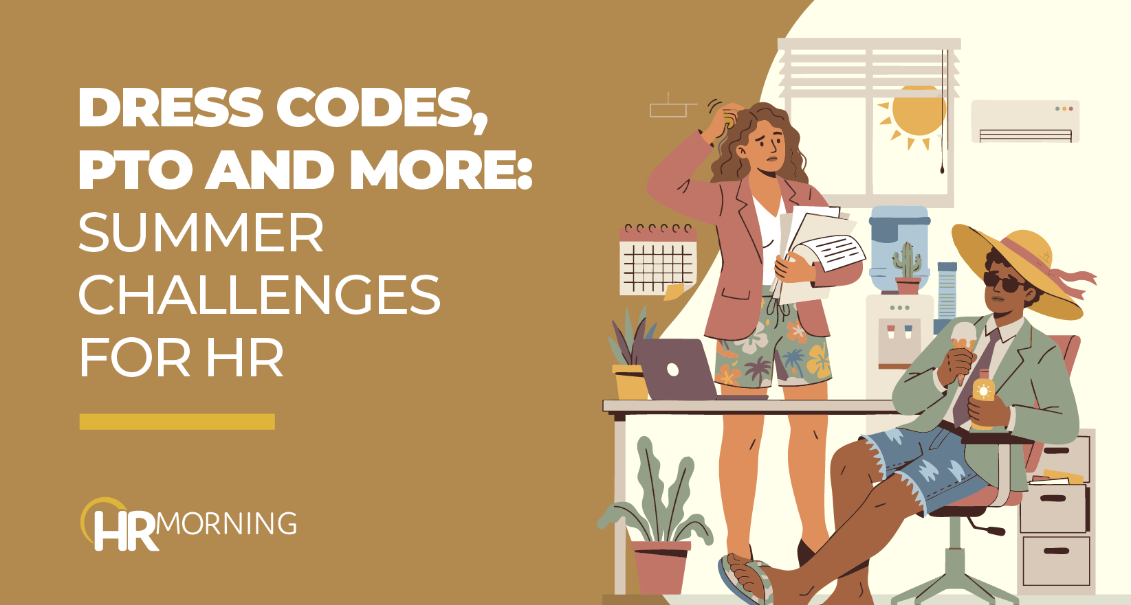 A Corporate Memphis style illustration for an HRMorning blog titled "Dress Codes, PTO and More: Summer Challenges for HR." The scene captures the tension between professional standards and summer relaxation. One professional looks stressed while holding documents and wearing a blazer with floral shorts, while another sits fully relaxed in a sun hat and flip-flops with an ice cream cone. This visually represents the common seasonal hurdles HR departments face regarding policy enforcement and productivity during vacation season.