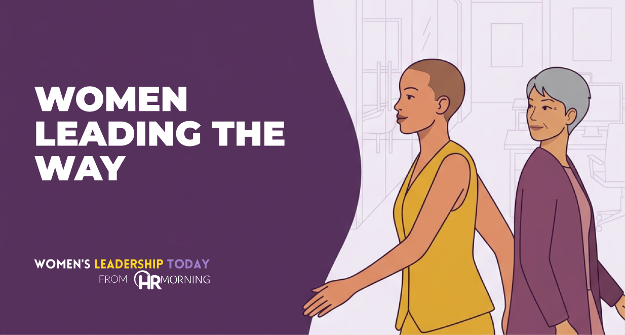 Illustration of two women colleagues walking through an office, one striding ahead and leading the way without formal authority