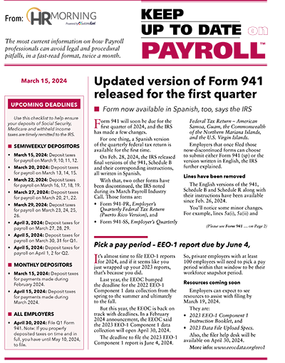 Keep Up to Date with Payroll, March 15, 2024