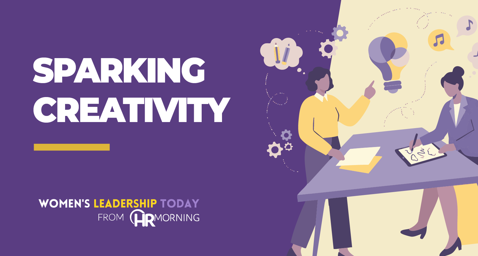 Illustration promoting sparking creativity in women’s leadership, featuring a collaborative brainstorming session and idea icons in the background.