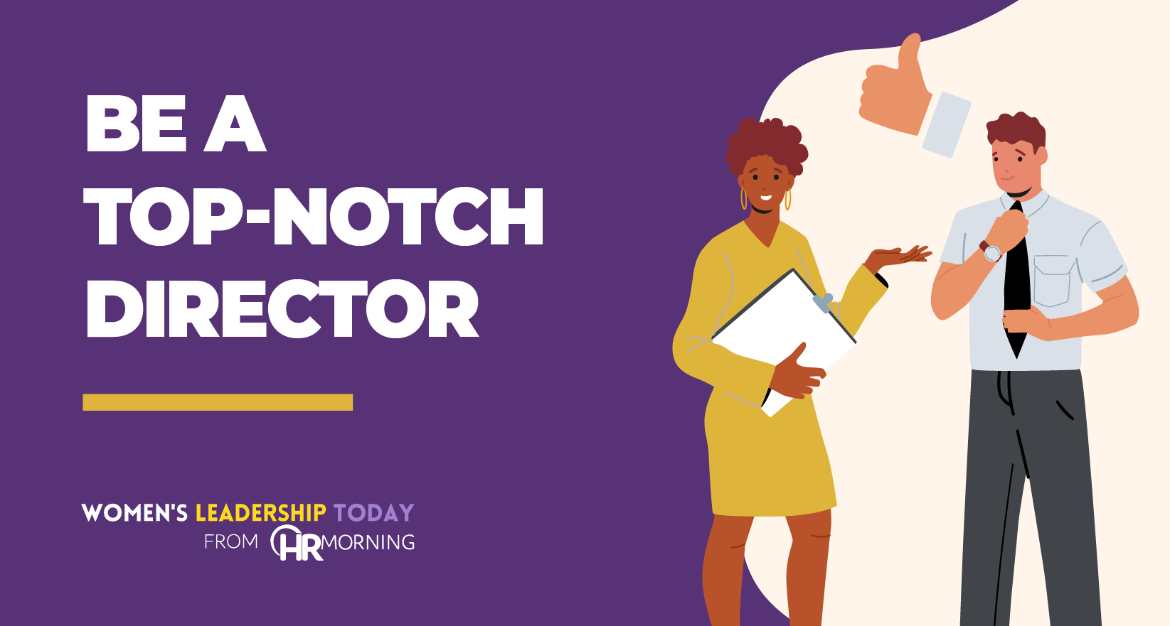 Illustration of a workplace leader and employee discussing performance, representing how to be a top-notch director.