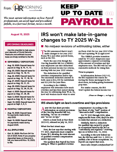 Keep Up to Date on Payroll 720, August 15, 2025