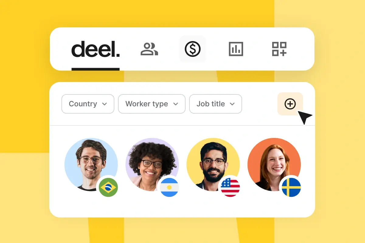 Deel platform interface showing global workers filtered by country, worker type, and job title.