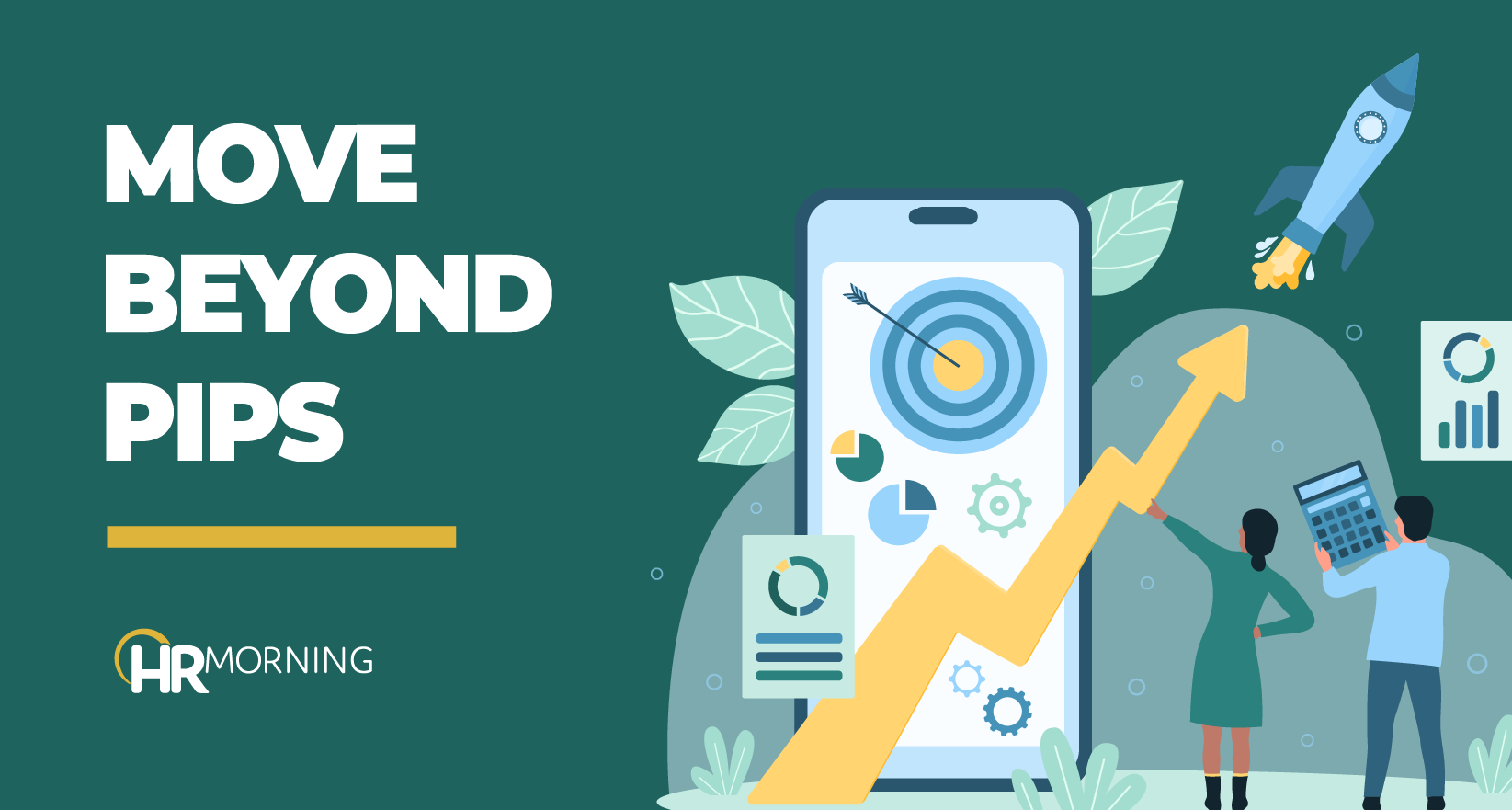 Illustration showing employees moving beyond performance improvement plans, with charts, targets, and upward growth indicators.