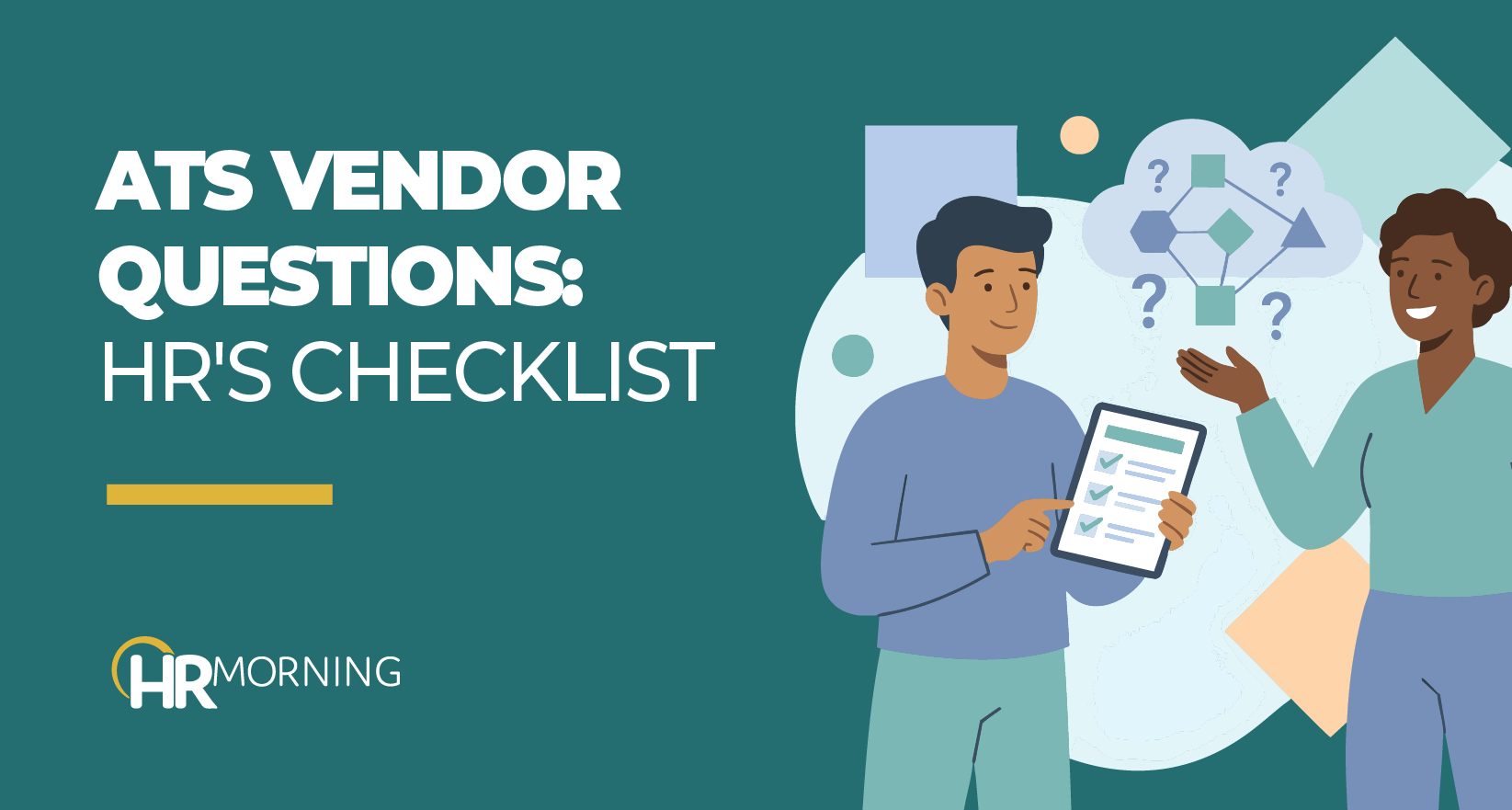 Illustration of HR evaluating ATS vendors using a checklist, with hiring workflow icons and question marks representing key screening questions.