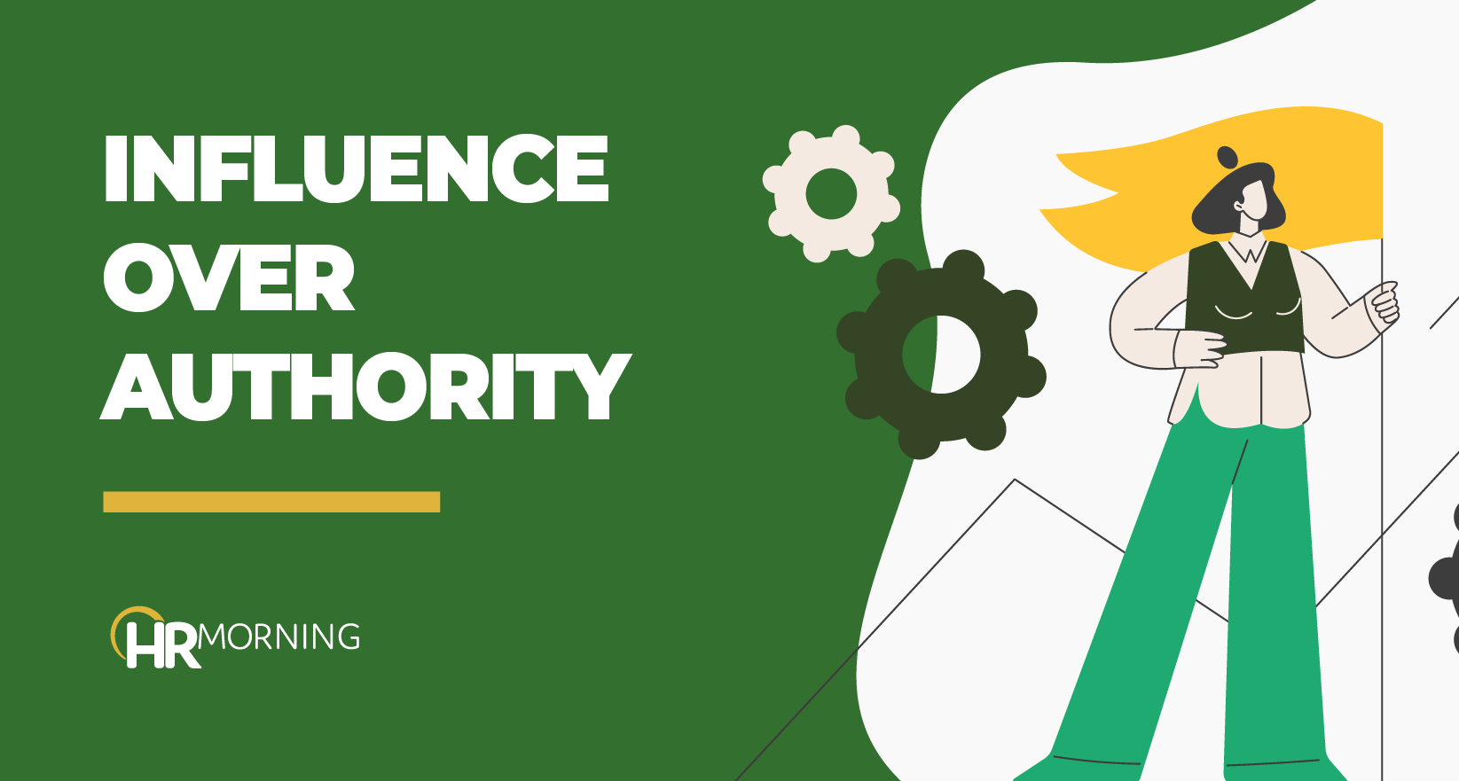 Illustration of influencing without authority in the workplace, featuring a leader holding a flag with gears, symbolizing persuasion and team leadership.