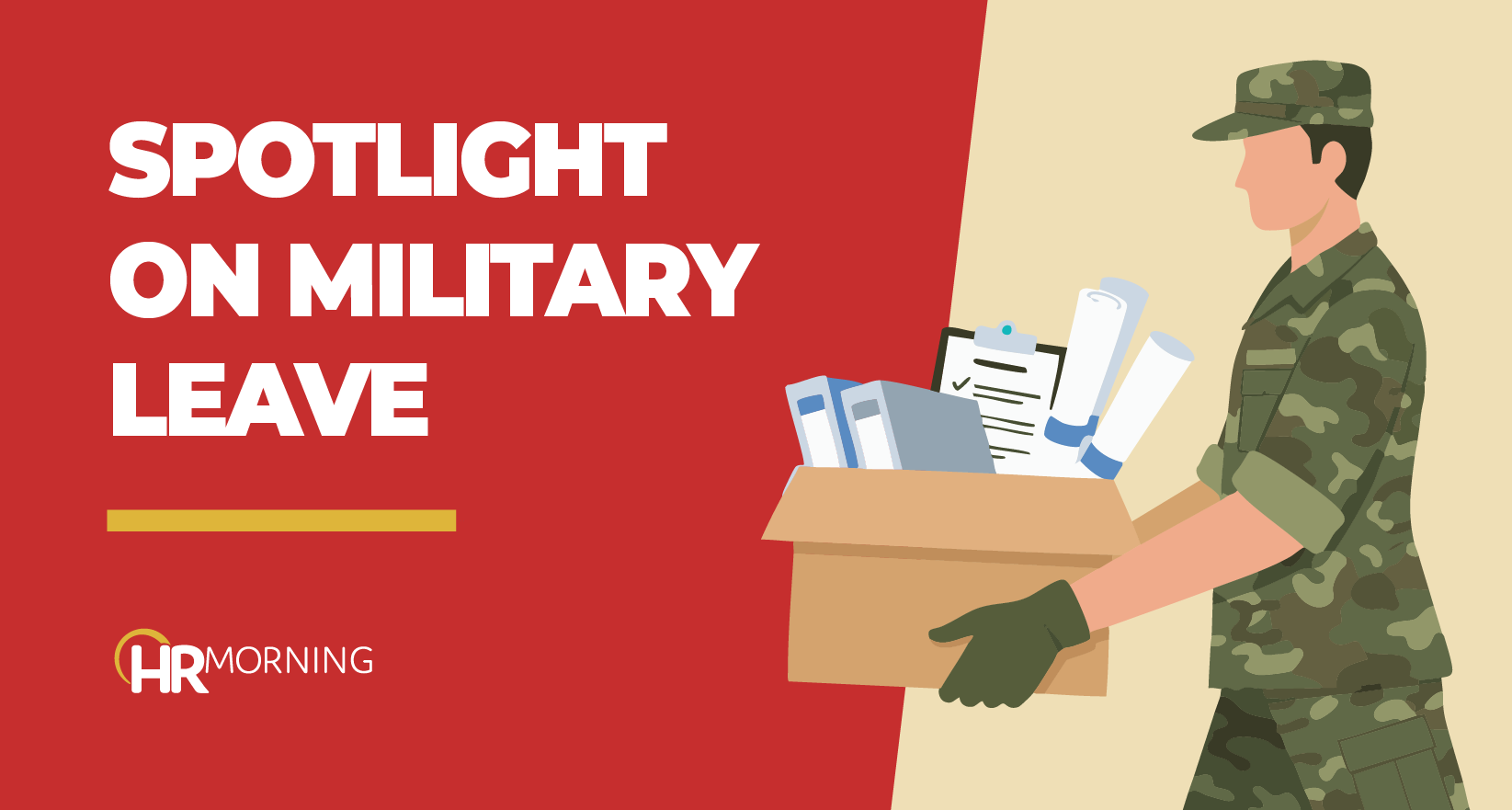 Illustration of a military service member carrying a box of paperwork, representing workplace military leave policies and compliance.