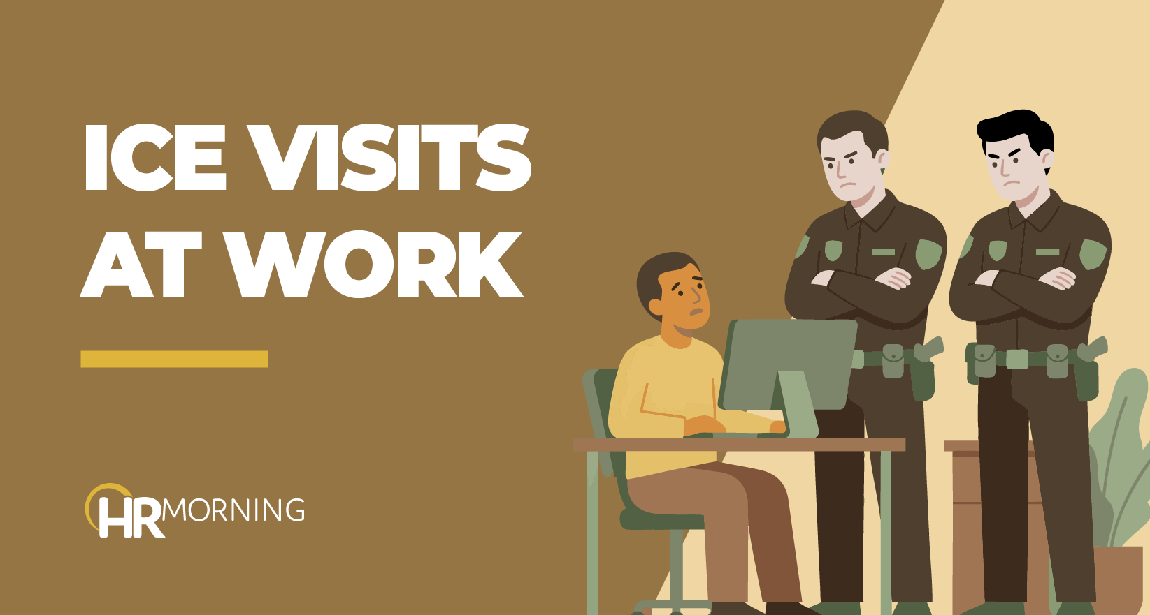 Illustration depicting ICE officers visiting a workplace and questioning an employee, highlighting employer compliance and workplace preparedness.