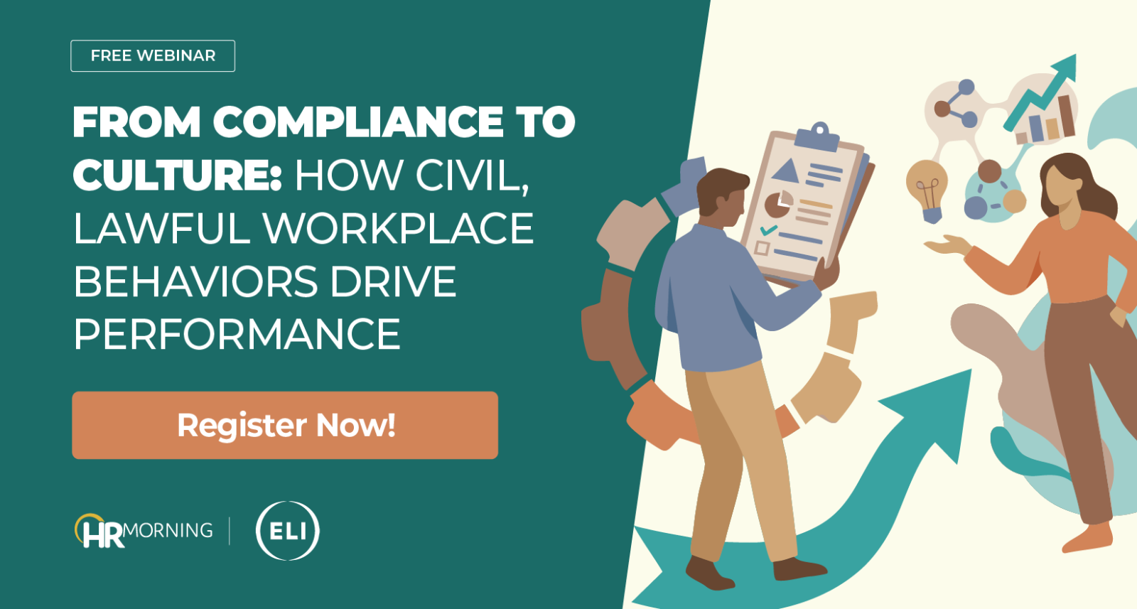 Free HR webinar titled “From Compliance to Culture: How Civil, Lawful Workplace Behaviors Drive Performance” featuring professionals reviewing a checklist with performance growth icons.