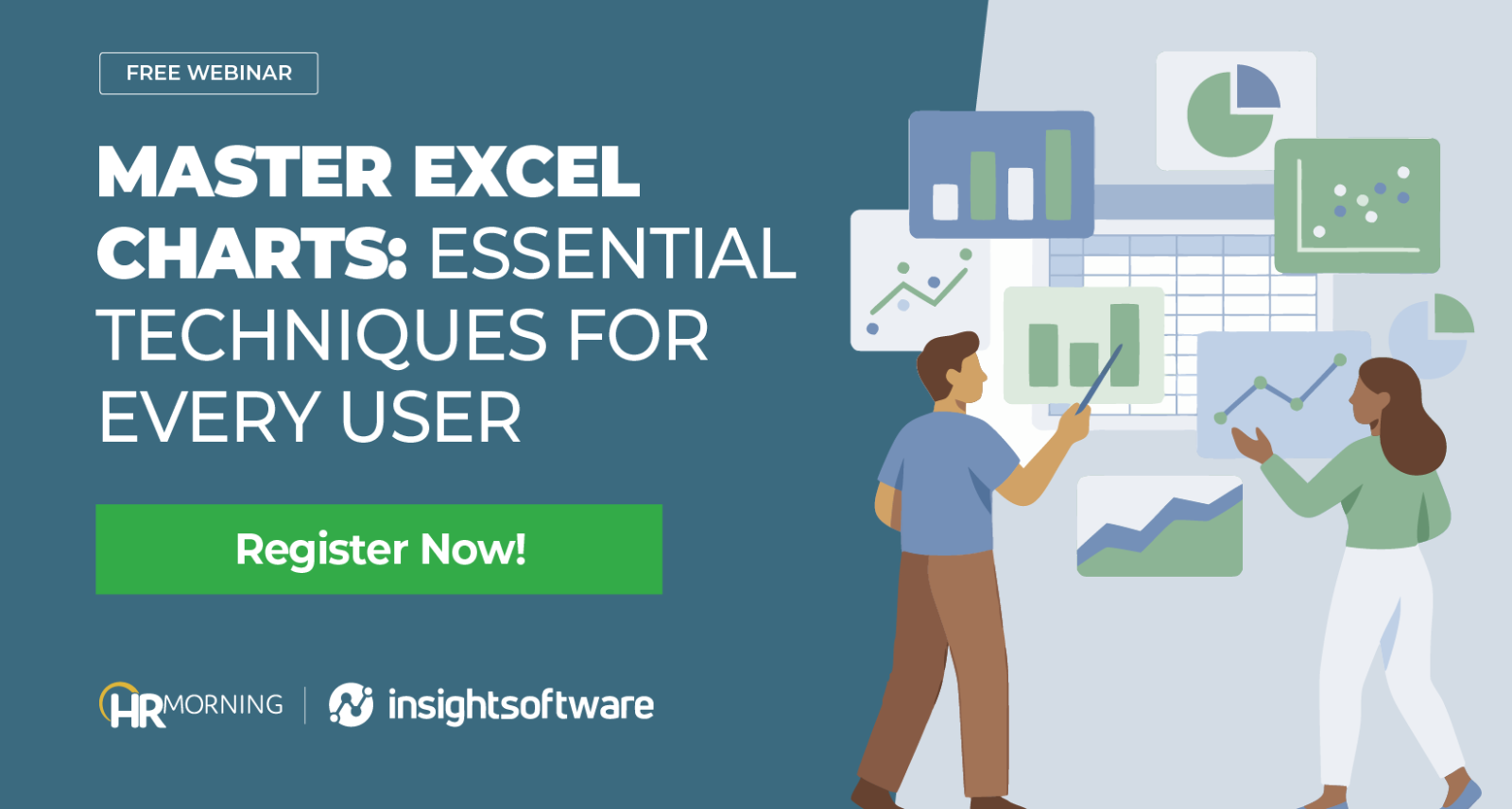 Free HR Morning webinar titled “Master Excel Charts: Essential Techniques for Every User,” featuring professionals analyzing charts and data dashboards.