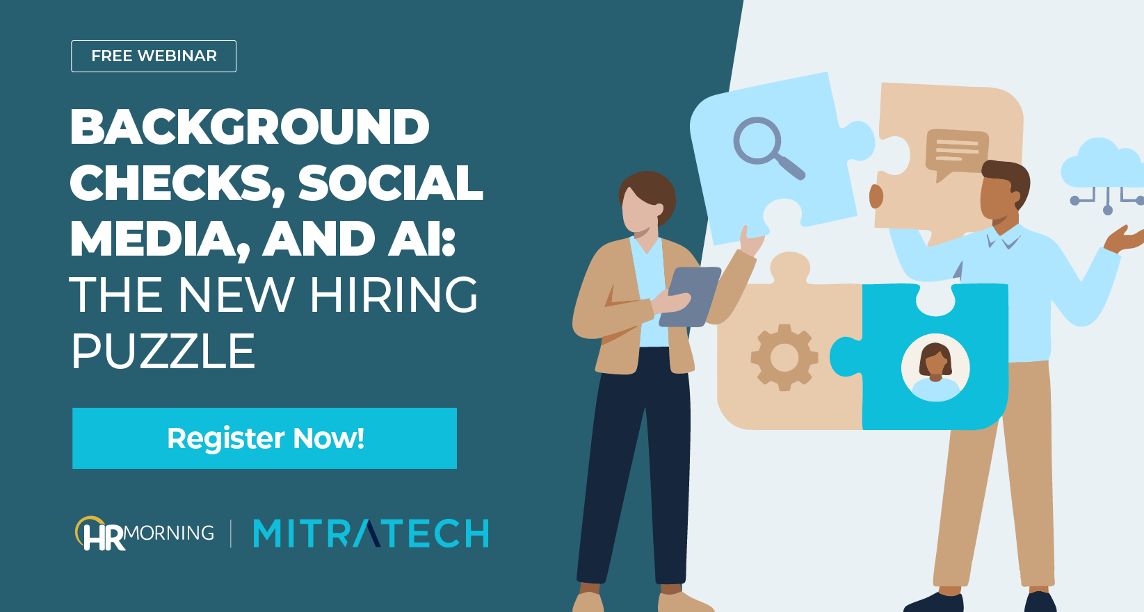 HR Morning webinar graphic illustrating background checks, social media screening, and AI in modern hiring decisions.
