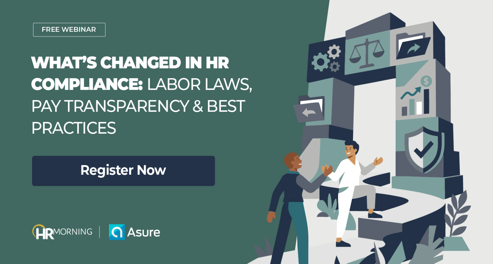 A flat illustration for a co-branded HR compliance webinar. Two professionals approach a monumental portal constructed of blocks representing legal scales, pay growth charts, and security shields. This metaphorically represents the journey toward mastery of evolving labor laws and pay transparency regulations.