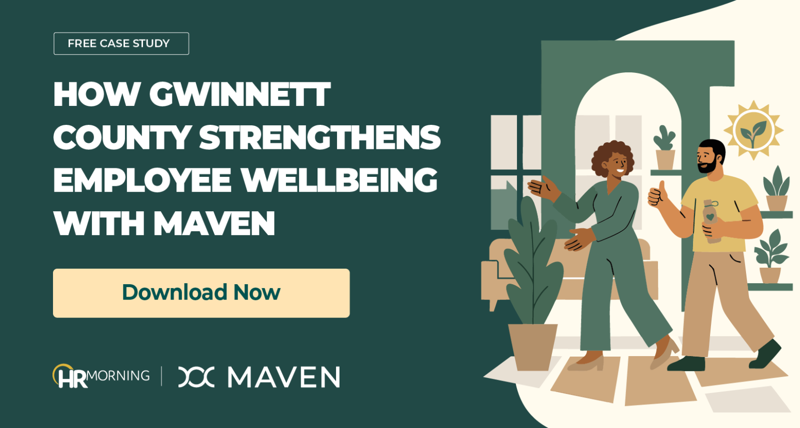 A co-branded HRMorning and Maven promotional graphic for a free case study. The Corporate Memphis illustration depicts two diverse professionals in a tranquil, nature-integrated workspace filled with potted plants and warm sunlight. One professional carries a reusable water bottle and gives a thumbs up, symbolizing health and satisfaction. This visually represents the positive organizational impact of Gwinnett County’s strategic investment in comprehensive employee wellbeing solutions.