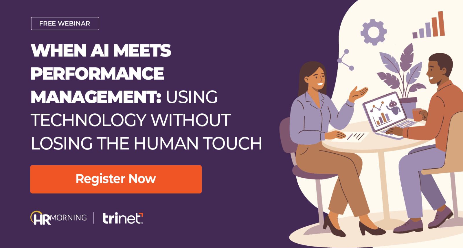 A co-branded HRMorning and TriNet webinar graphic titled "AI in Performance Management: Unlocking Tech Without Losing the Human Touch." A Corporate Memphis illustration depicts a diverse group of employees and leaders collaborating with symbols of innovation and structure, such as shining lightbulbs, gears, a node graph, and conversation. The large abstract human head behind them, featuring integrated network and data elements, visually represents the powerful intersection of artificial intelligence, strategic analysis, and human insight in modern feedback and performance systems.