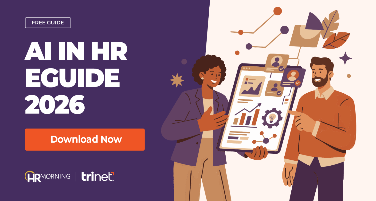 A co-branded HRMorning and TriNet promotional graphic for a free eGuide. A Corporate Memphis illustration depicts two diverse HR professionals interacting with a large, dynamic digital interface. The screen displays key HR metrics through line graphs and bar charts, alongside employee profile cards symbolizing AI-driven talent screening. A central gear housing a lightbulb represents technological innovation, visually capturing the integration of artificial intelligence into modern human resources strategies.