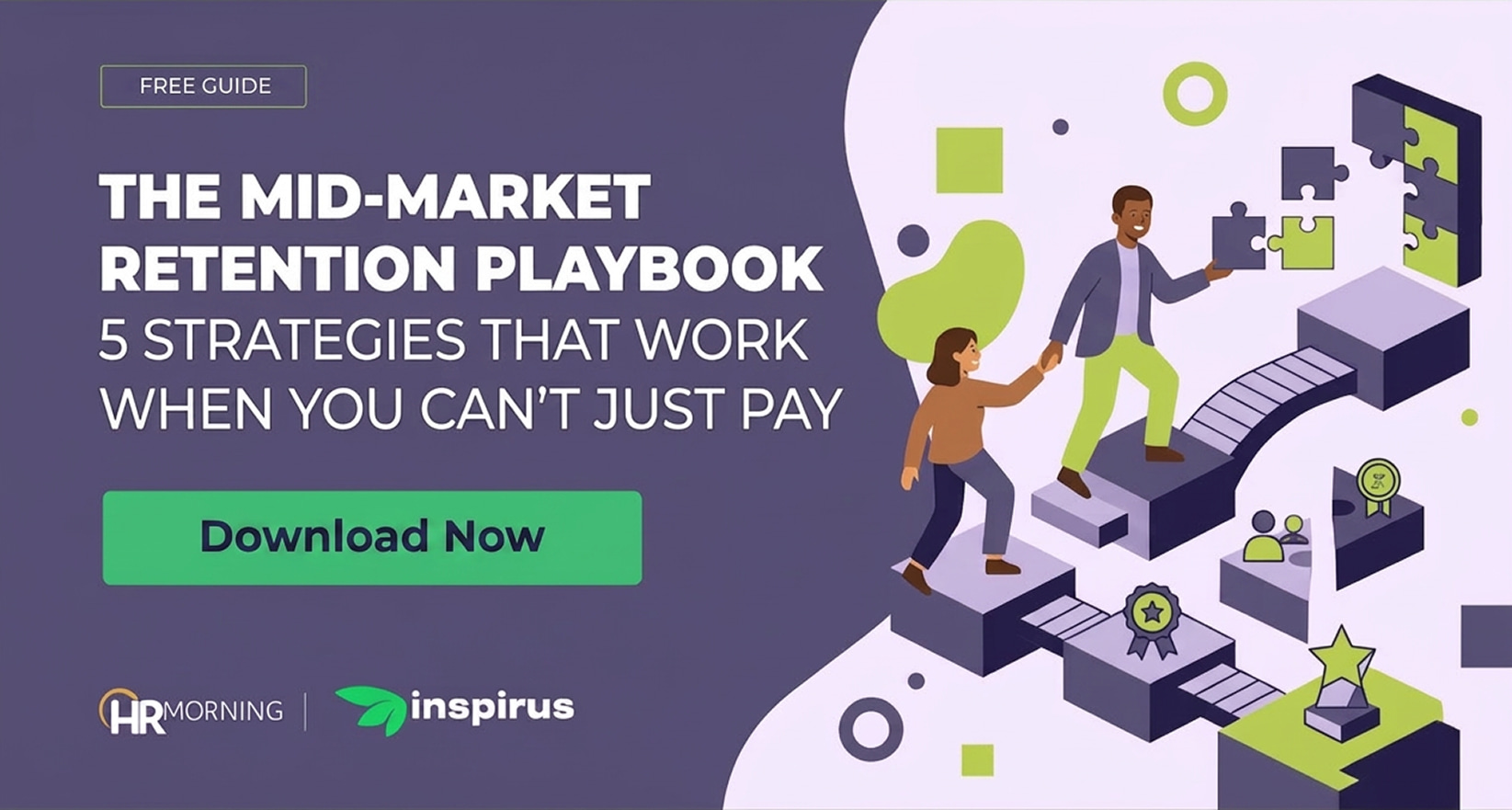 A Corporate Memphis style promotional graphic for an HRMorning and Inspirus free guide titled "THE MID-MARKET RETENTION PLAYBOOK." The illustration depicts a supportive workplace where a man helps a female colleague ascend a winding, stepped pathway. He also fits a puzzle piece into place, symbolizing strategic alignment. Surrounding them are floating blocks with icons for team building, medals, and stars, visually representing the five non-monetary strategies used to build culture and retain top talent.