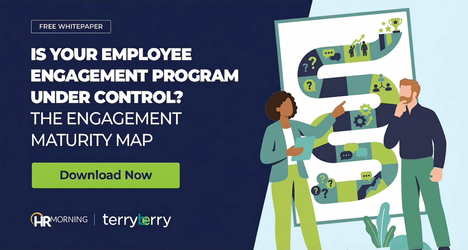 A Corporate Memphis style promotional graphic for an HRMorning and Terryberry webinar. The scene depicts two diverse professionals analyzing a large "Engagement Maturity Map," represented as a winding green road. The path visually narrates the journey of a program: starting with uncertainty, moving through collaboration and operational alignment, and reaching a goal represented by a trophy. This visually summarizes the webinar's goal of helping HR leaders assess and advance their engagement initiatives.