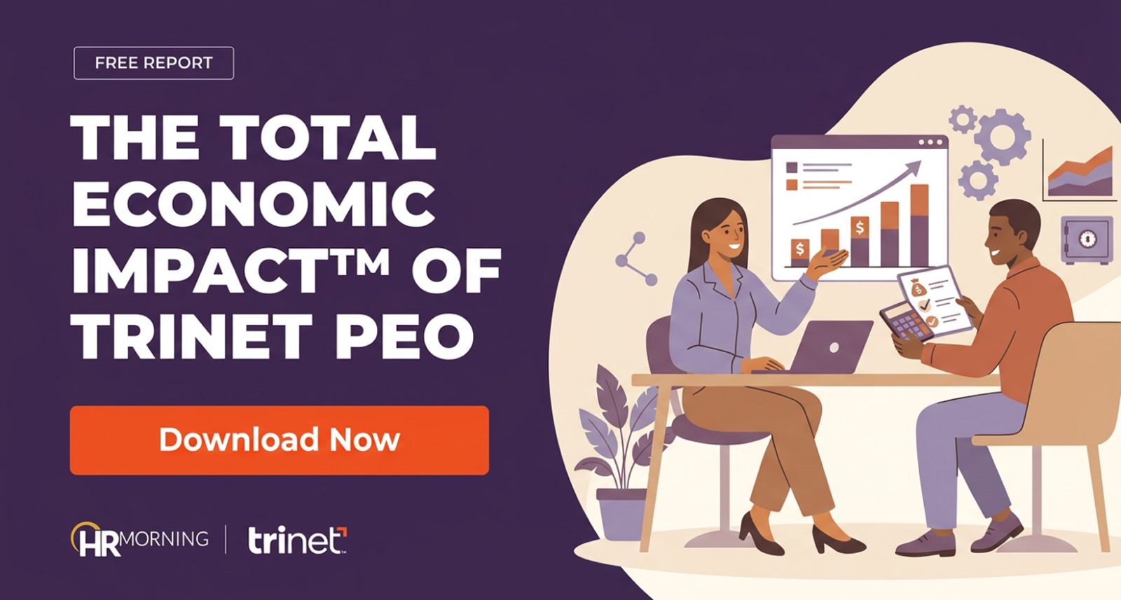 A Corporate Memphis style promotional graphic for an HRMorning and TriNet free report. The title, "THE TOTAL ECONOMIC IMPACT™ OF TRINET PEO," is set in bold white typography against a deep purple background. On the right, a diverse pair of corporate professionals are seated at a desk, collaborating on a financial assessment. A woman gesturing toward a floating digital screen with a positive-growth bar chart and dollar signs represents data-driven insights. Her colleague handles a calculator and a checklist report, visually emphasizing the meticulous auditing and strategic advantages of PEO services.