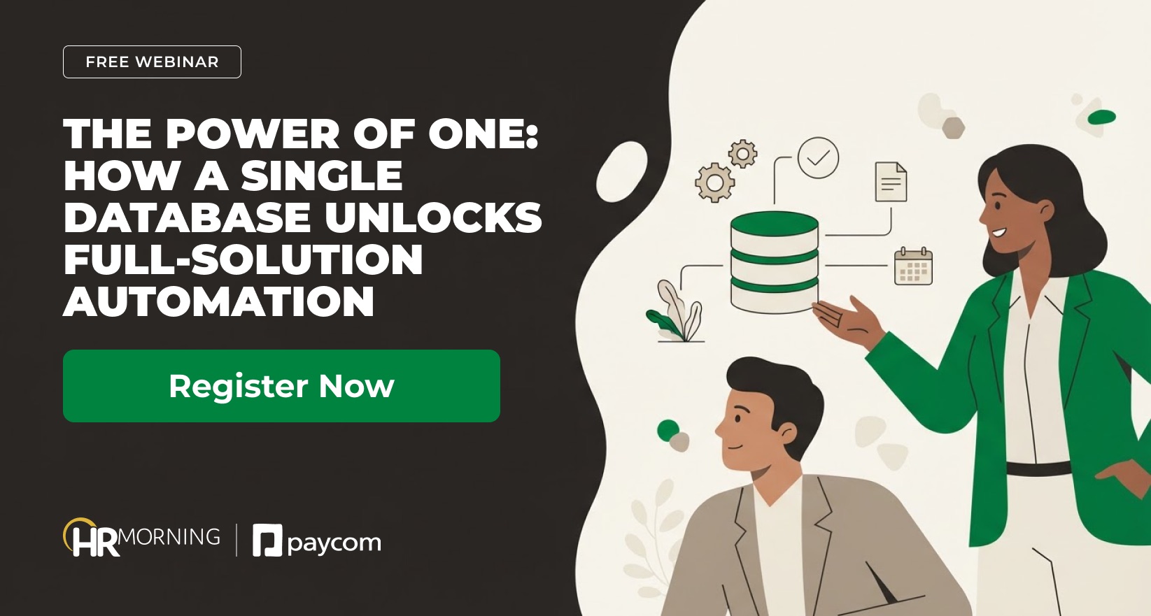 An HR pro gestures to a central database linked to automation icons — a single database powering full-solution automation, Paycom webinar.