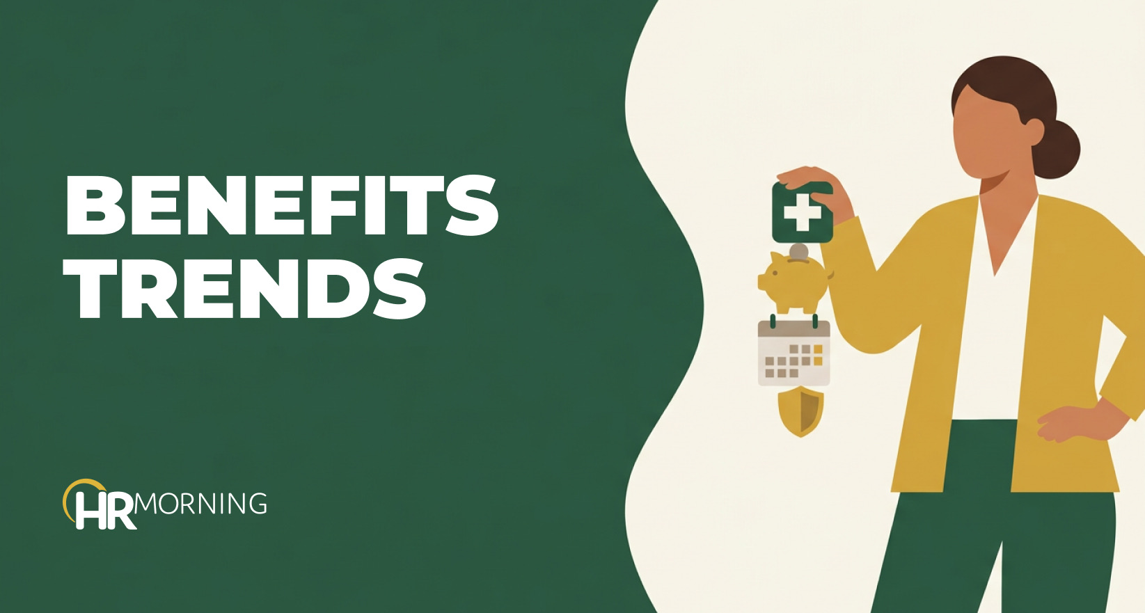 Illustration of a woman holding a health kit above piggy bank, calendar and shield icons for employee benefits trends
