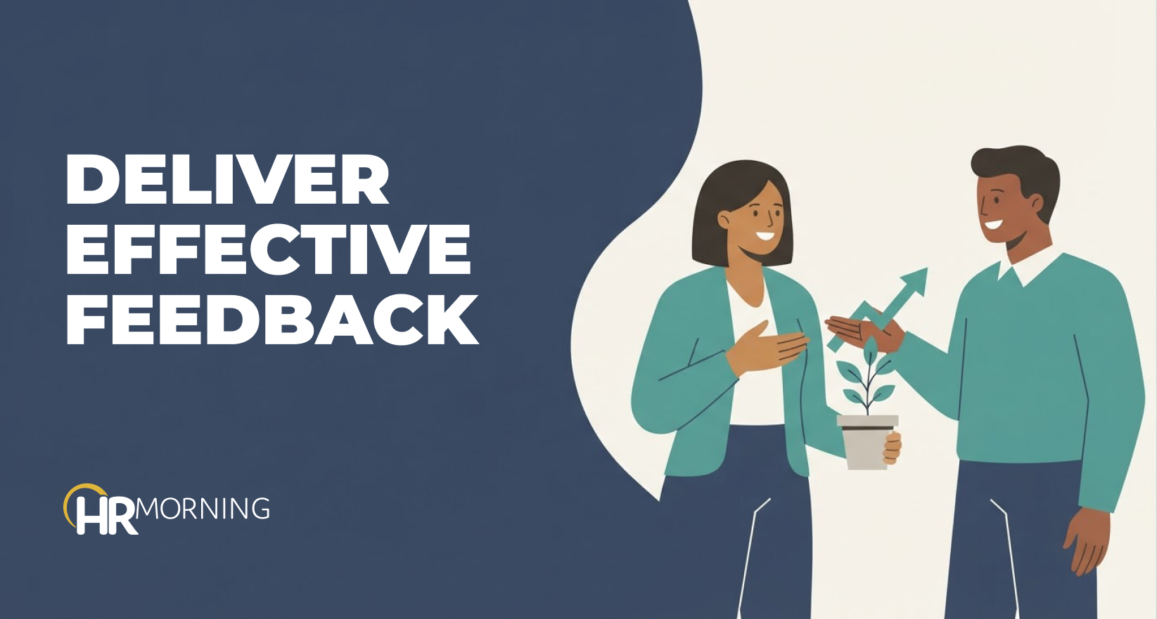 Two coworkers with a potted plant and upward arrow, illustrating effective feedback that helps employees grow