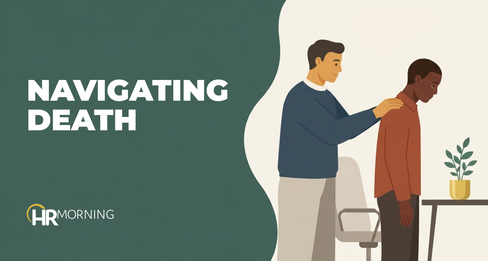 A manager comforts a grieving employee beside an empty desk, illustrating workplace support after a colleague's death