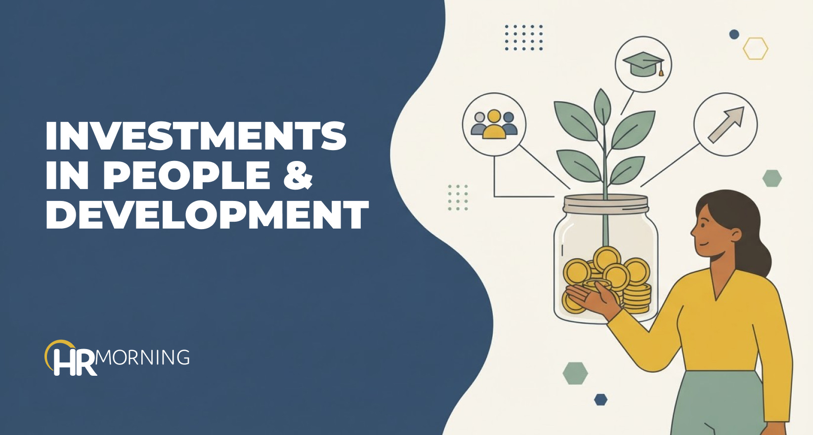 Illustration of a coin jar sprouting a plant with people, graduation and growth icons, investing in people and development.