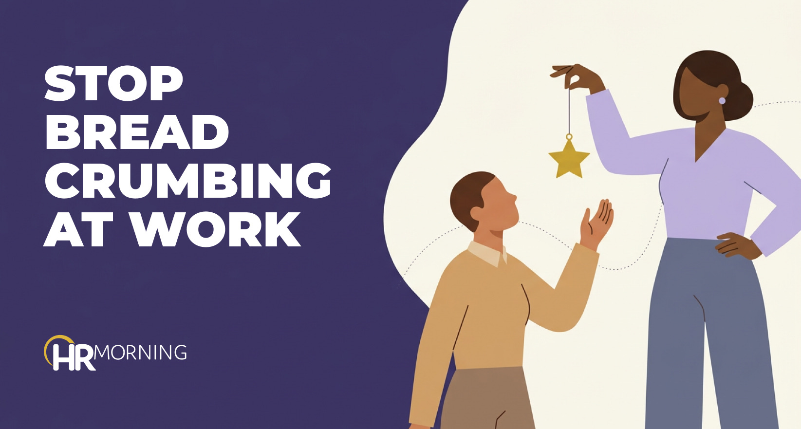 HR manager dangles a gold star just out of a hopeful employee's reach, depicting workplace breadcrumbing and empty promises.