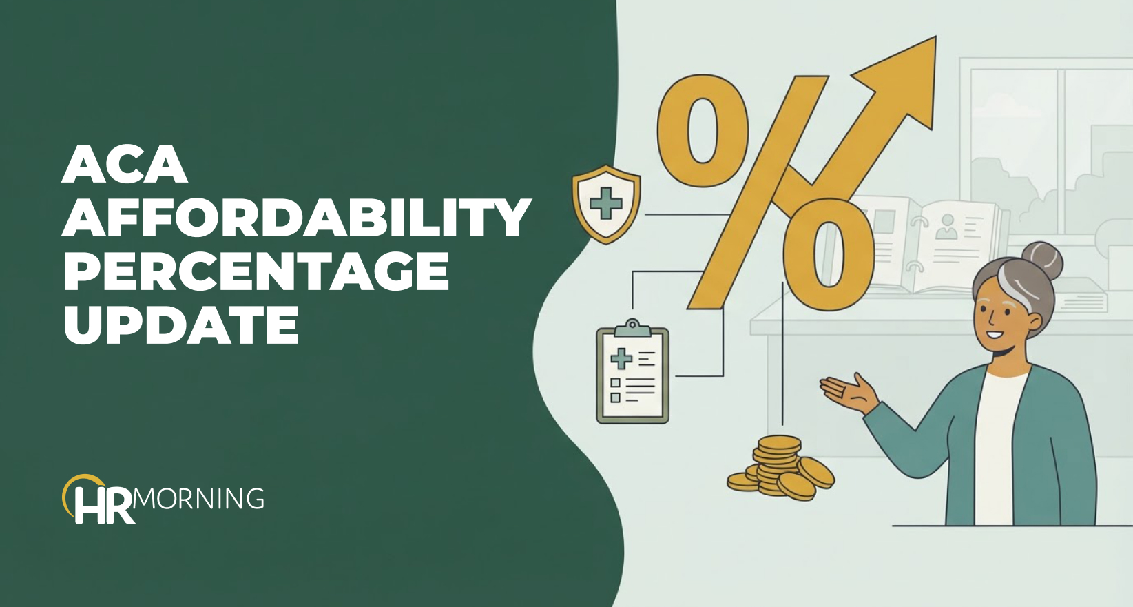 Illustration of a rising percent sign with health benefit icons, marking the 2027 ACA affordability percentage increase for employers.