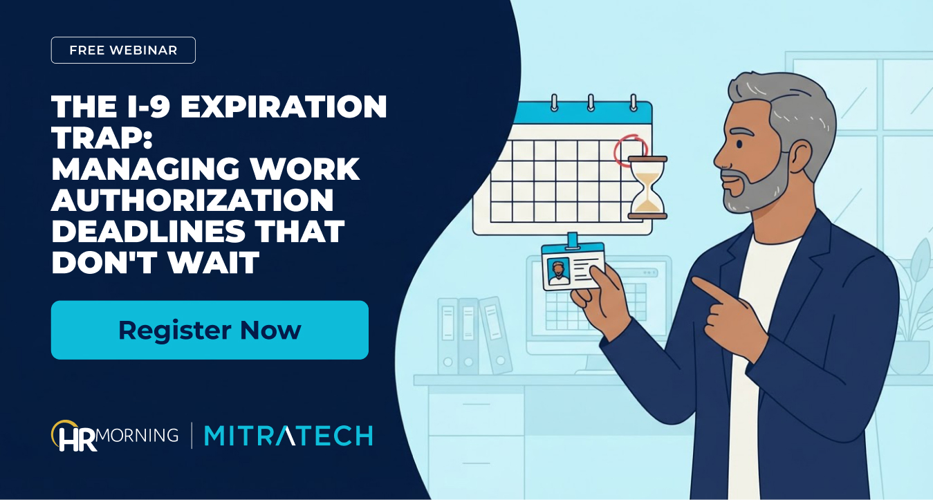 HR compliance manager holding a work-authorization card by a calendar and hourglass — tracking I-9 expiration deadlines