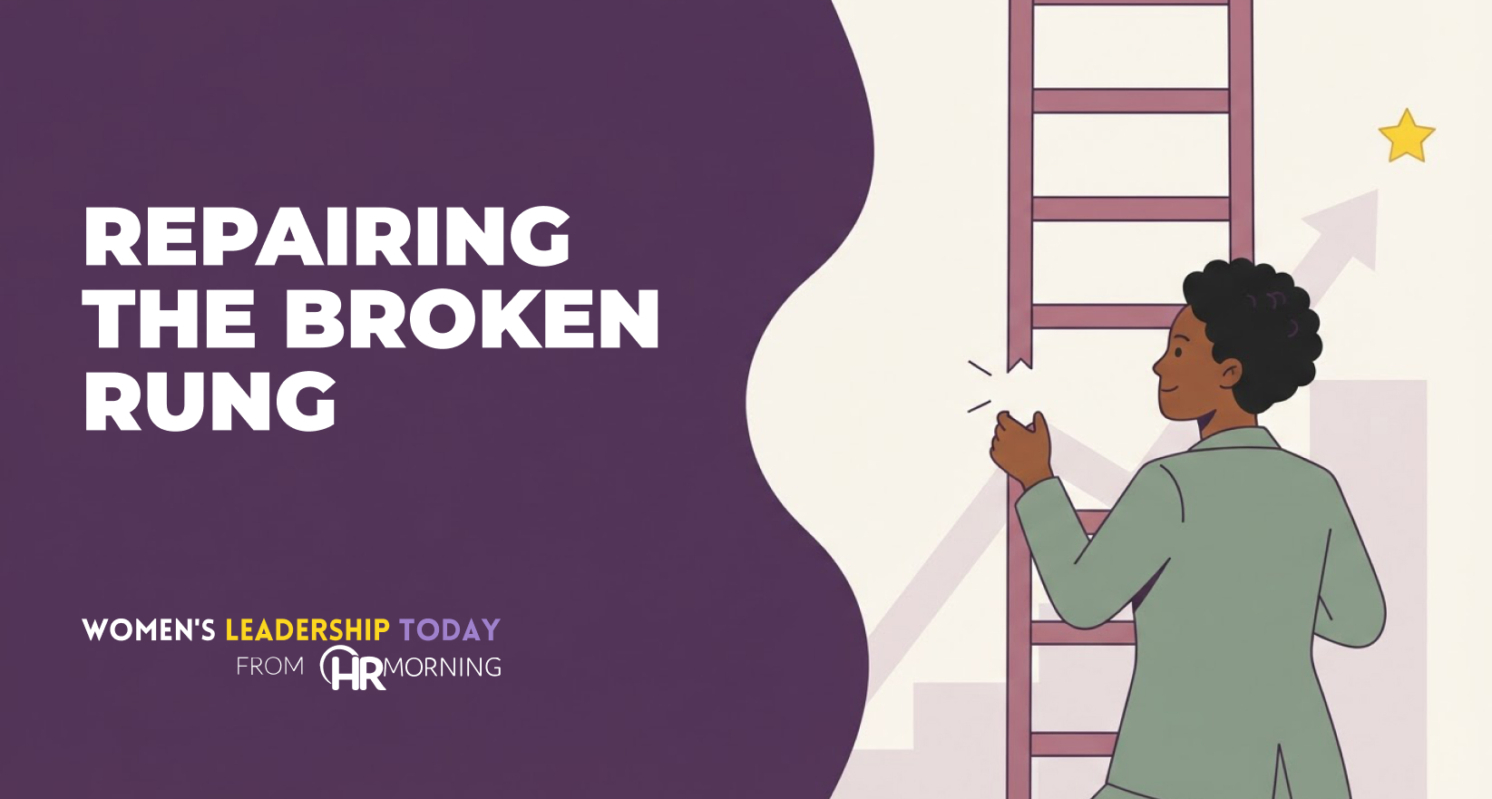 Flat illustration of a woman repairing a broken rung on a corporate ladder, symbolizing closing the workplace gender gap.