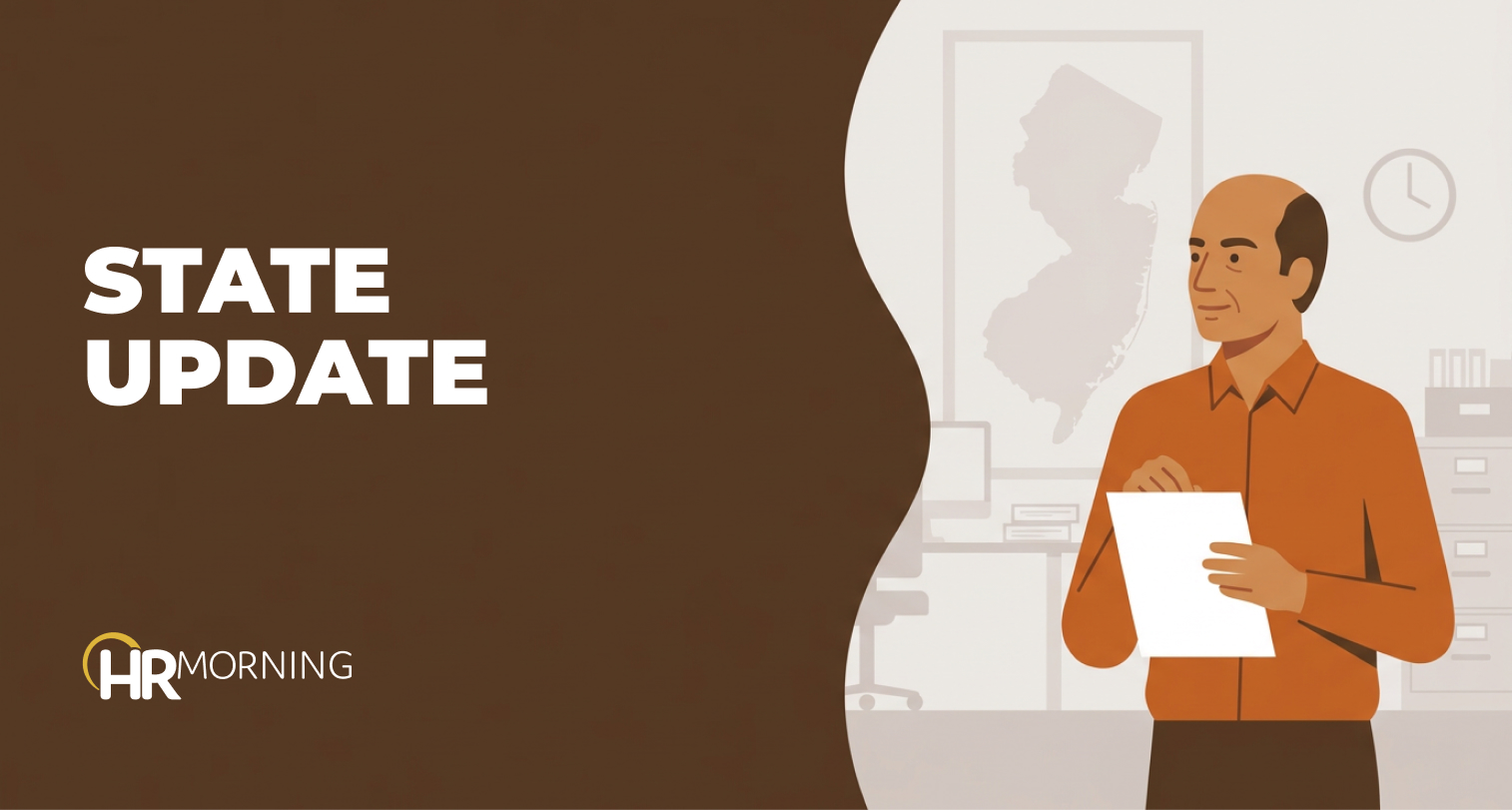 Payroll manager files a separation form by a New Jersey wall map and clock — New Jersey employee separation reporting portal.
