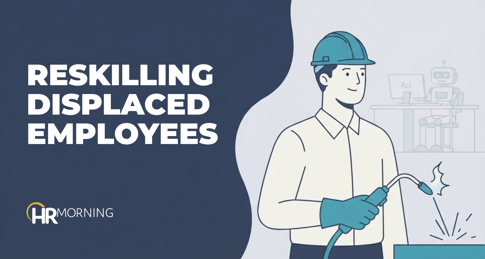 A displaced office worker reskilling into a skilled trade — hard hat and welding torch — as AI takes over their old desk job