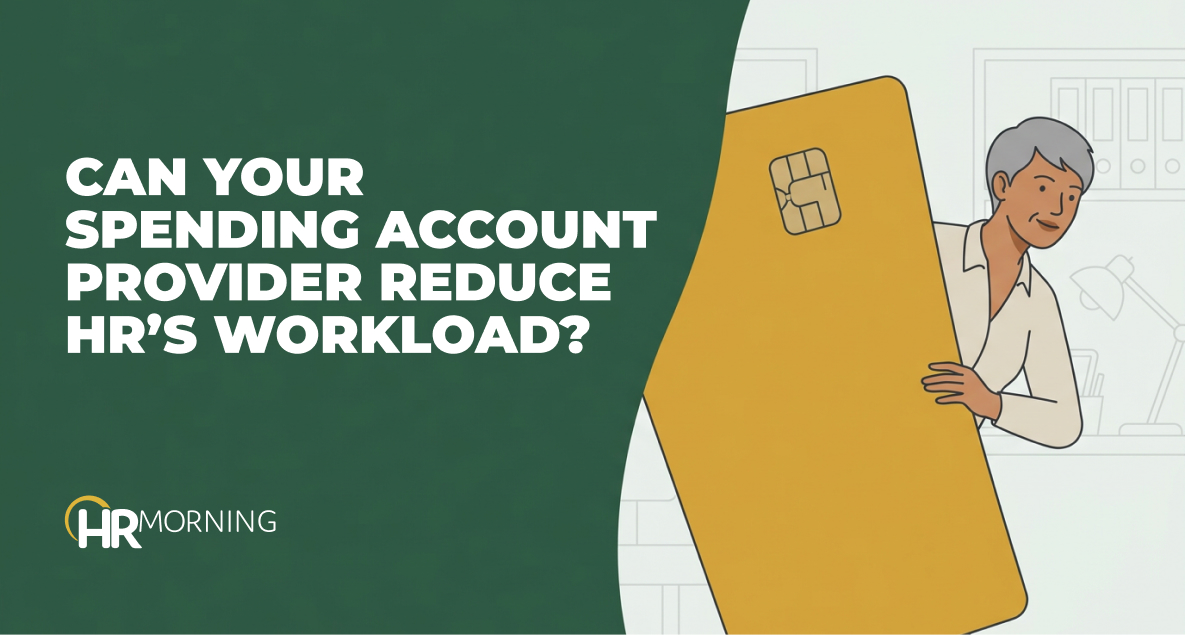 Illustration of an HR manager holding a large benefits spending card — choosing an HSA spending account provider.