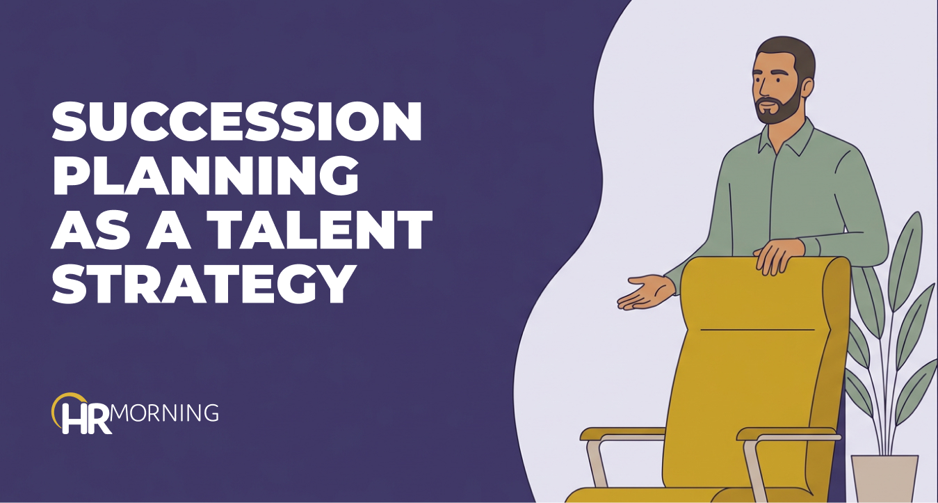 HR leader presenting an empty office chair, illustrating succession planning as a companywide talent strategy.