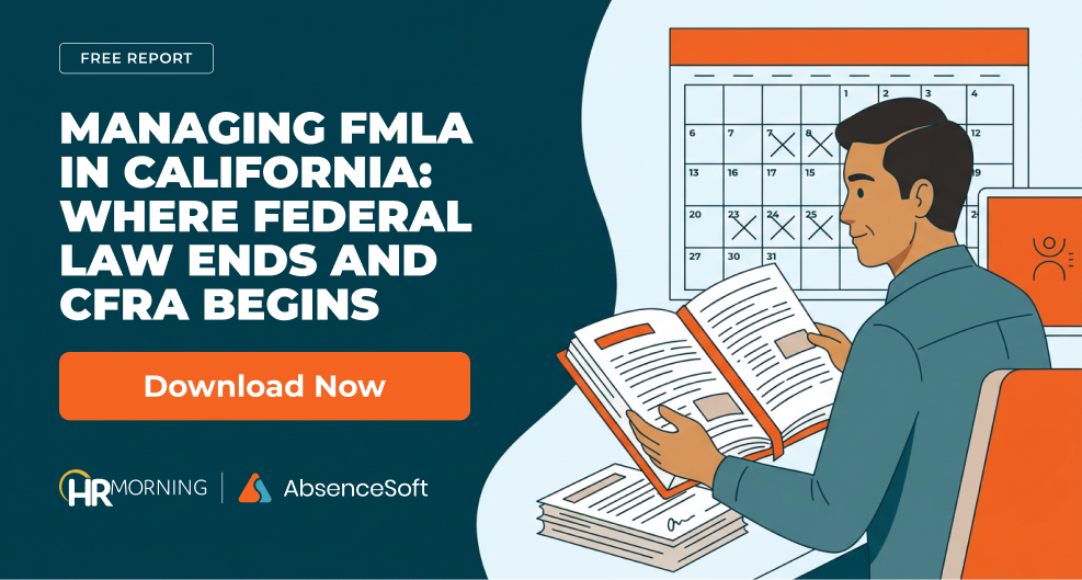 Leave administrator comparing federal FMLA and California CFRA rulebooks at a desk with a wall calendar and certification forms.