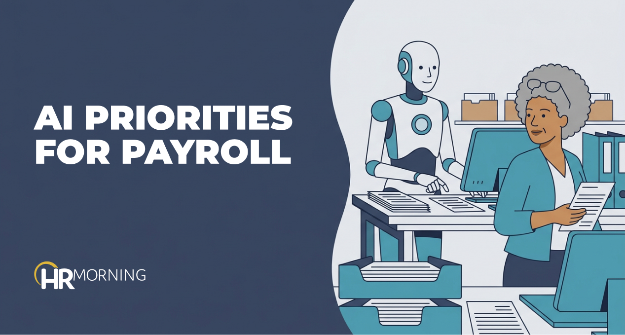 Flat illustration: payroll manager and a robot assistant work through trays of pay sheets — AI priorities for payroll