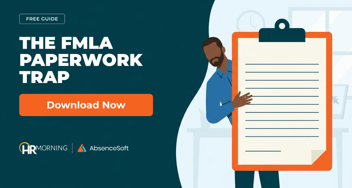 Leave specialist behind an oversized blank FMLA form on a clipboard, illustrating the manual FMLA paperwork burden.