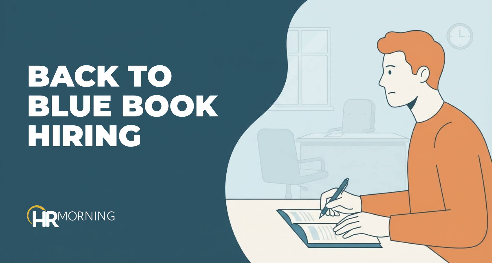 Job candidate handwrites in a blue exam booklet at an in-person interview, showing the return of blue book hiring in the AI age.