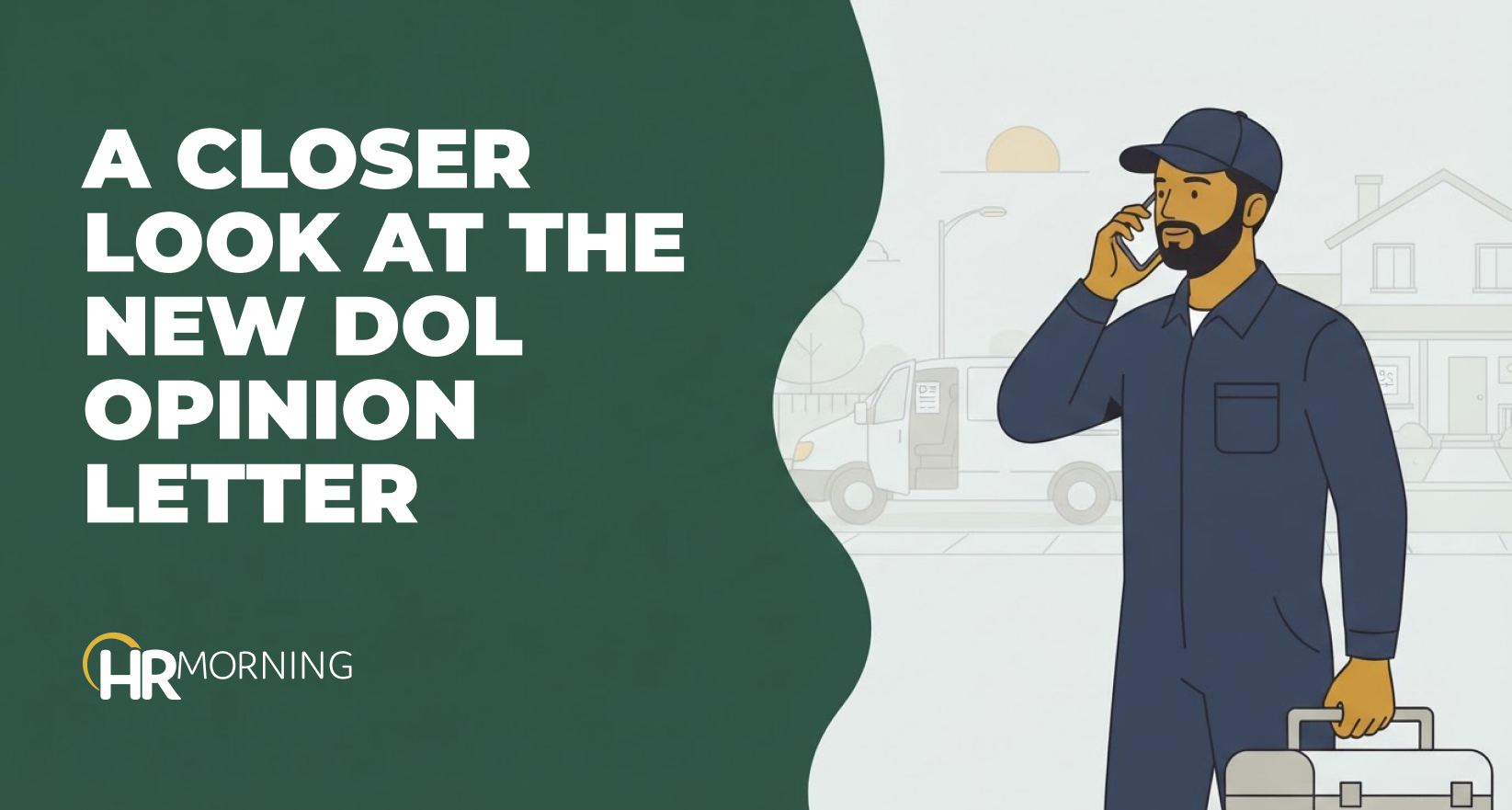 Field service engineer on a phone call by his work van at dawn, illustrating DOL rules on compensable commute travel time.