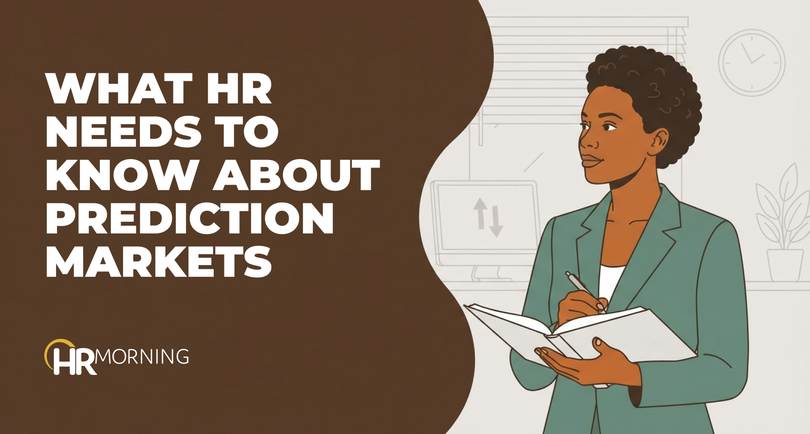 HR compliance director taking notes in her office by a screen with up and down market arrows, on employee prediction market risk.