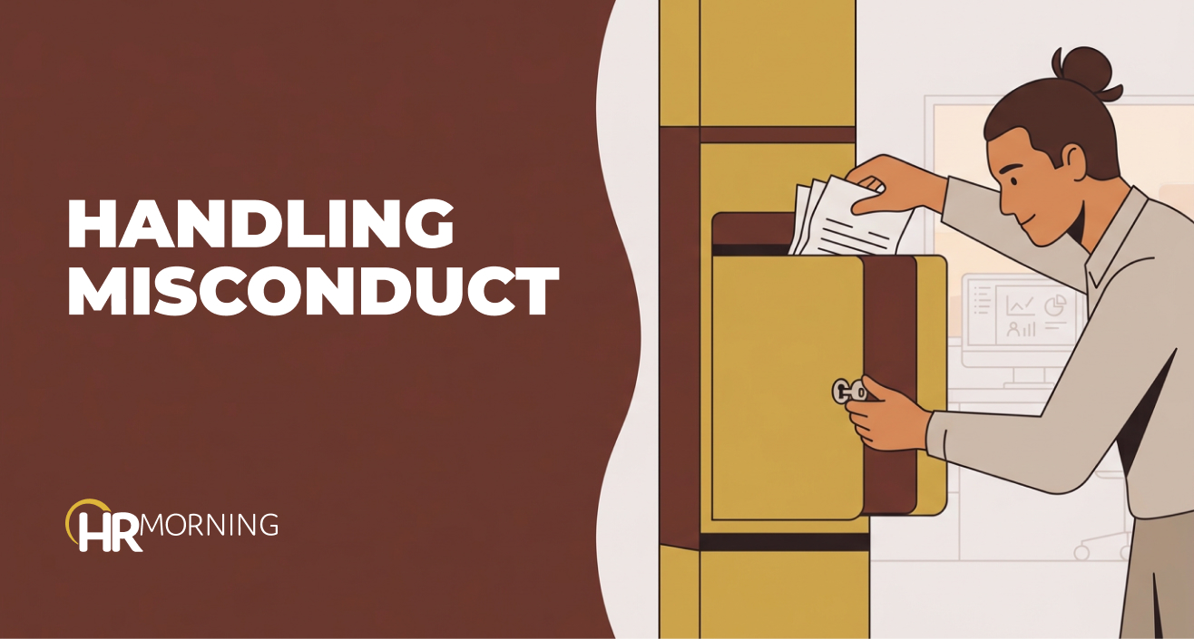 Flat illustration: HR lead unlocks an anonymous misconduct report box and lifts employee reports out for review