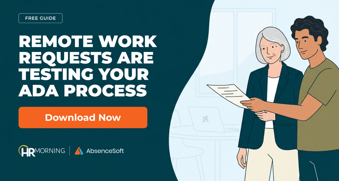 HR manager and employee reviewing a remote work request form together, illustrating ADA remote work accommodation reviews.