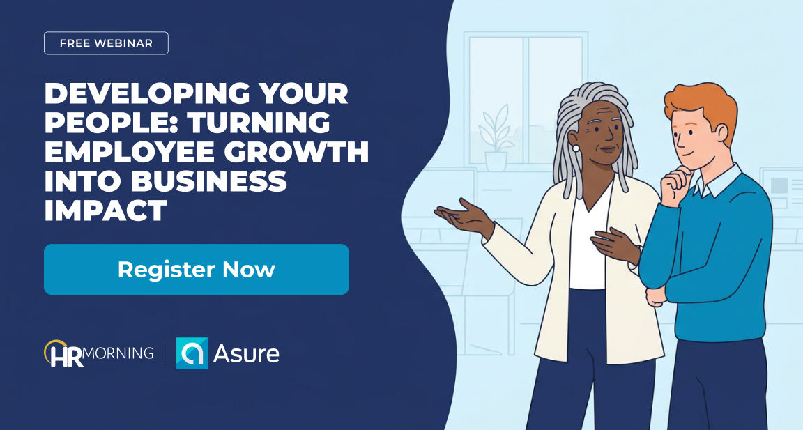 HR leader coaching a team member in an office — Asure webinar on turning employee growth into business impact.